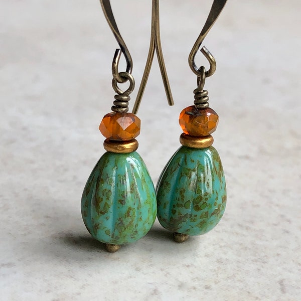 Turquoise and Orange Czech Glass Earrings   Boho Dangle Earrings