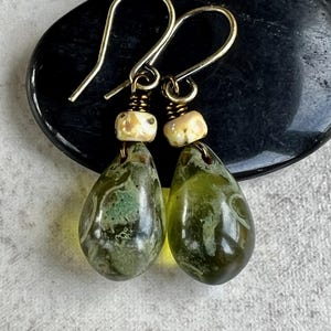 Olive Green Dangle Earrings   Czech Glass Teardrop Earrings   Boho Dangle Earrings