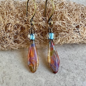 Small Orange and Blue Earrings   Light Weight Delicate Czech Glass Earrings   Boho Dangle Earrings