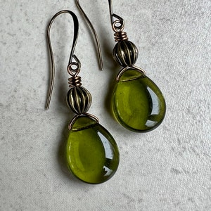 Olive Green Earrings   Boho Dangle Earrings    Czech Glass Teardrop Earrings