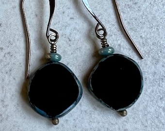 Black Earrings   Black Blue Czech Glass Earrings   Boho Dangle Earrings