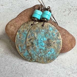 Turquoise Stone Earrings   Blue Patina Brass Earrings    Long Boho Dangle Earrings