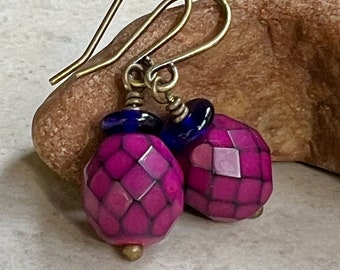 Small Fushia Earrings   Deep Pink Blue Czech Glass Earrings   Boho Dangle Earrings