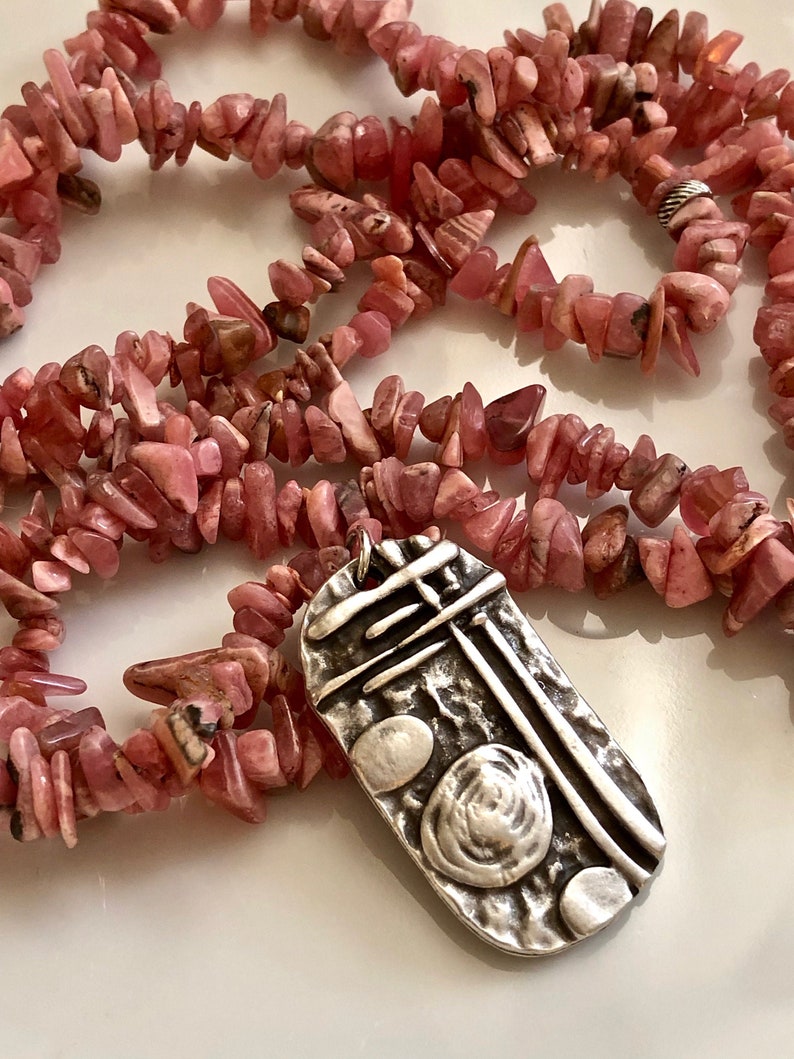 Long Boho Necklace Bohemian Necklace Pink Rhodochrosite Chip Necklace