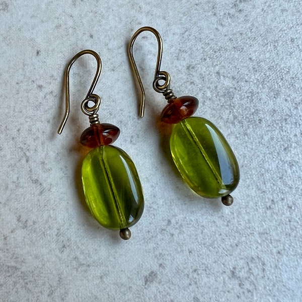 Olive Green Earrings   Green Brown Earrings   Czech Glass Earrings