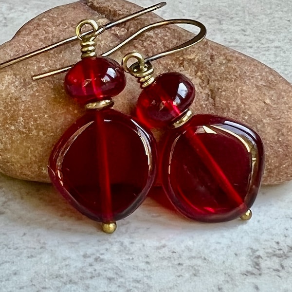 Red Boho Dangle Earrings   Czech Glass Earrings
