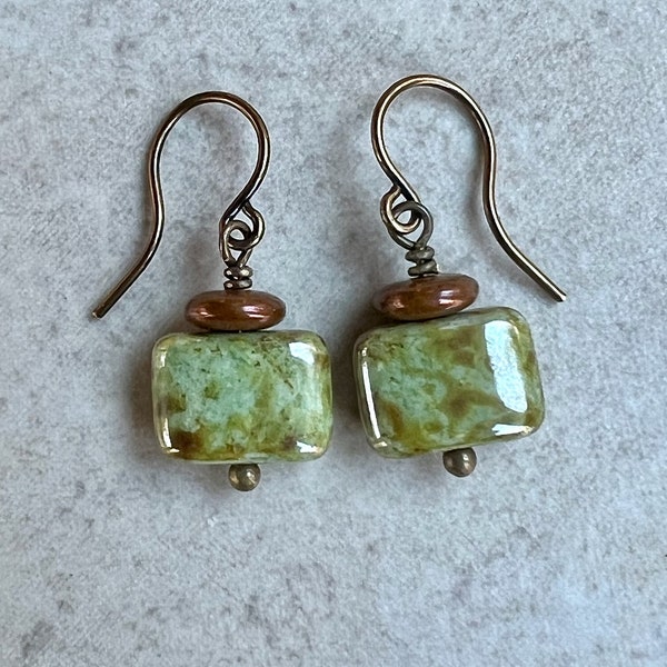 Small 1" Green Brown Earrings   Czech Glass Rectangle Earrings   Boho Dangle Earrings
