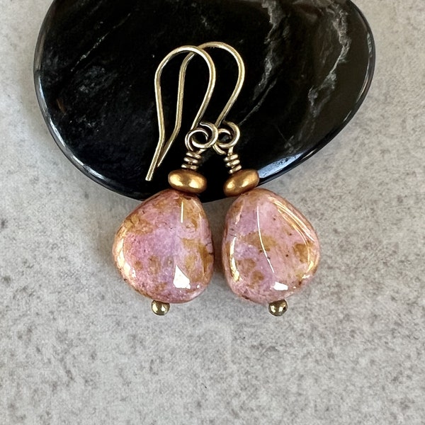 Pink Bronze Earrings   Small Boho Dangle Earrings   Czech Glass Earrings