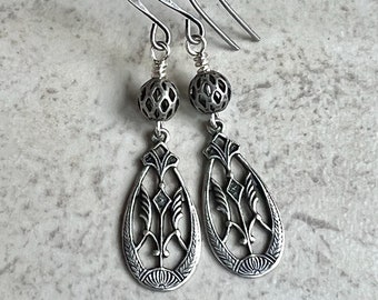 Silver Filigree Earrings   Boho Dangle Earrings