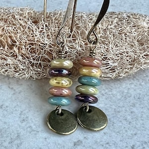 Boho Stacked Dangle Earrings   Multi Color Czech Glass Brass Earrings