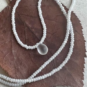 White Glass Seed Bead Necklace   Pearl White Tiny Bead Necklace   Small Teardrop Pendant Necklace