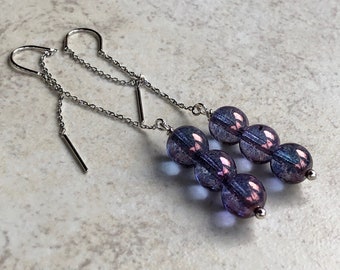 Blue Purple Glass Threader Earrings   Long Dangle Earrings   Boho Dangles