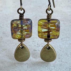Green and Brown Brass Earrings   Square Czech Glass Earrings   Brass Teardrop Earrings   Boho Dangle Earrings