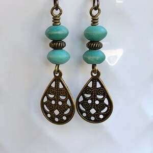 Vintage Turquoise Czech Glass Earrings   Boho Dangle Earrings Bohemian Earrings for Women