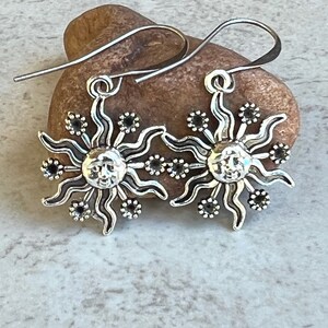 Sun Earrings   Silver Boho Dangle Earrings   Sun Face