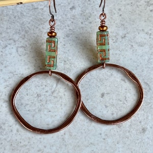 Long Copper Boho Dangle Earrings   Copper and Green Hoop Earrings   Light Green Czech Glass Earrings