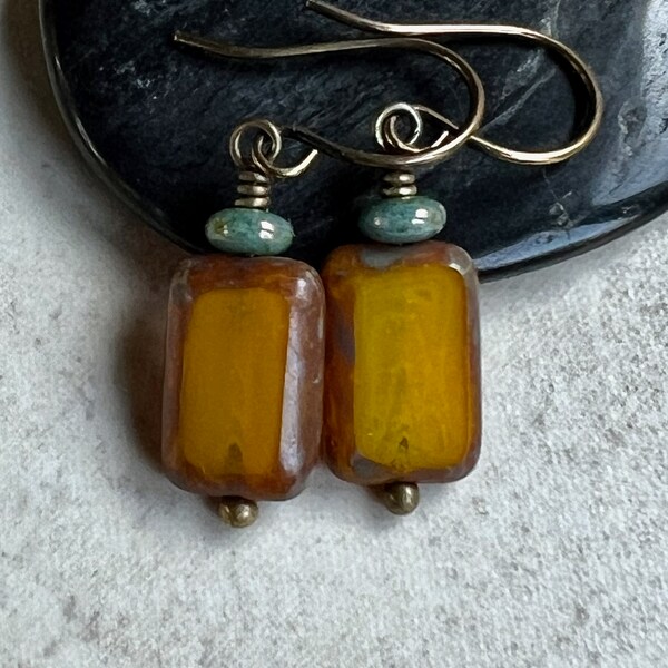 Small Yellow Earrings   Yellow Blue Czech Glass Earrings   Boho Dangle Earrings