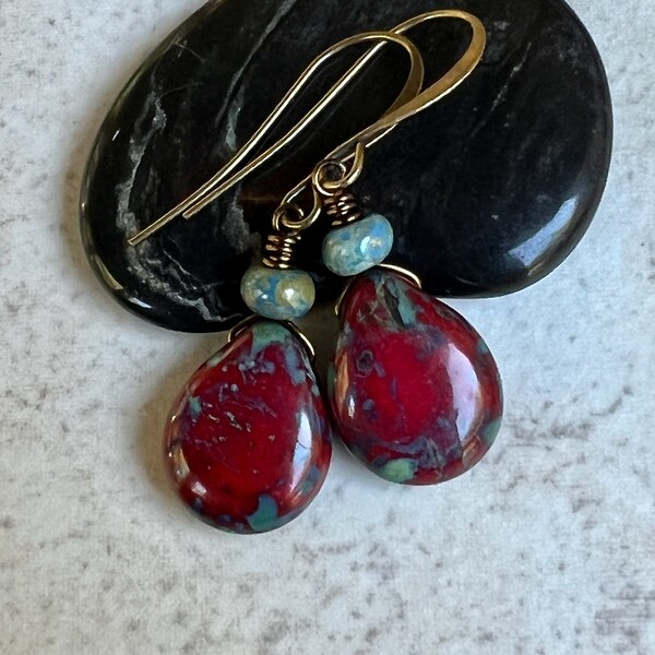 Red Teardrop Boho Dangle Earrings   Red Blue Czech Glass Earrings