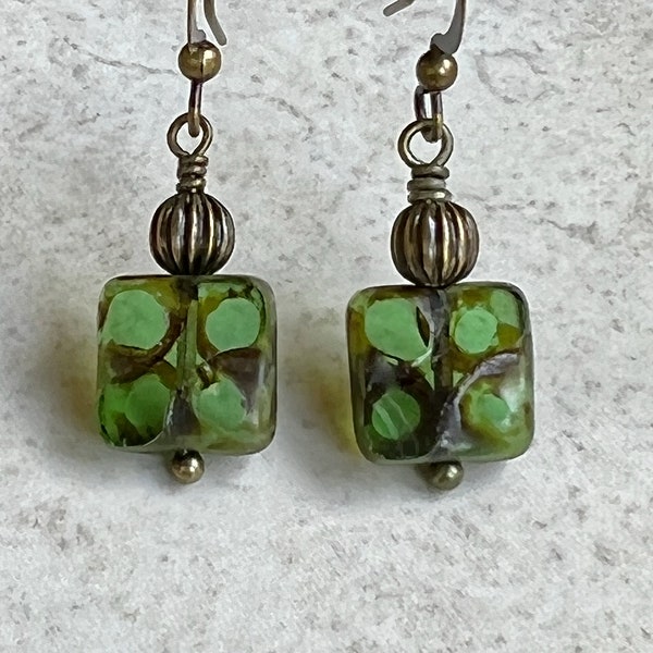 Small Green Boho Dangle Earrings   Square Czech Glass Earrings