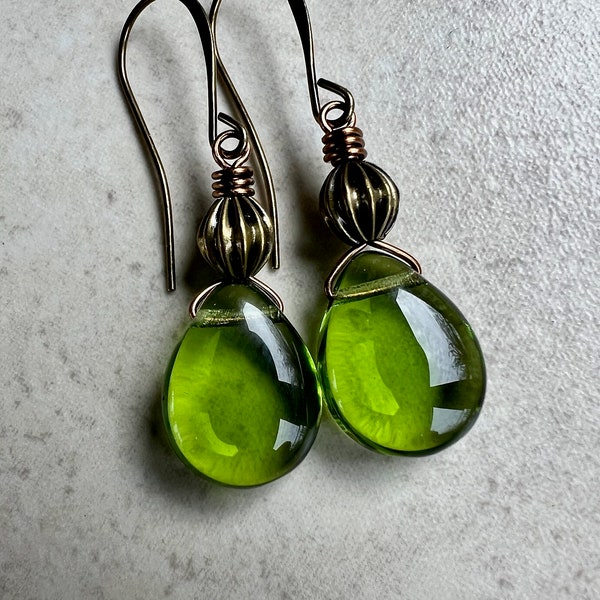 Green Earrings   Boho Dangle Earrings    Czech Glass Teardrop Earrings