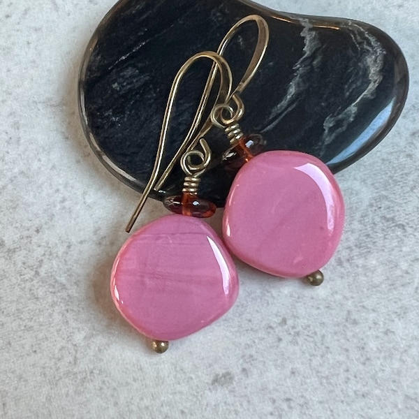Pink Earrings   Czech Glass Disc Earrings