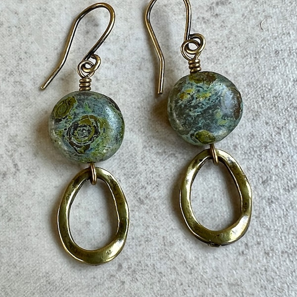 Green Blue Brass Earrings   Oval Hoop Dangle   Czech Glass Boho Dangle Earrings