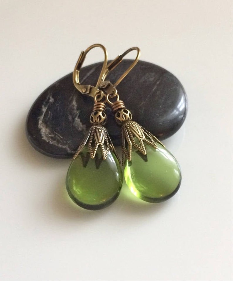 Boho Earrings Dangle Olive Green Glass Leverback Earrings Etsy