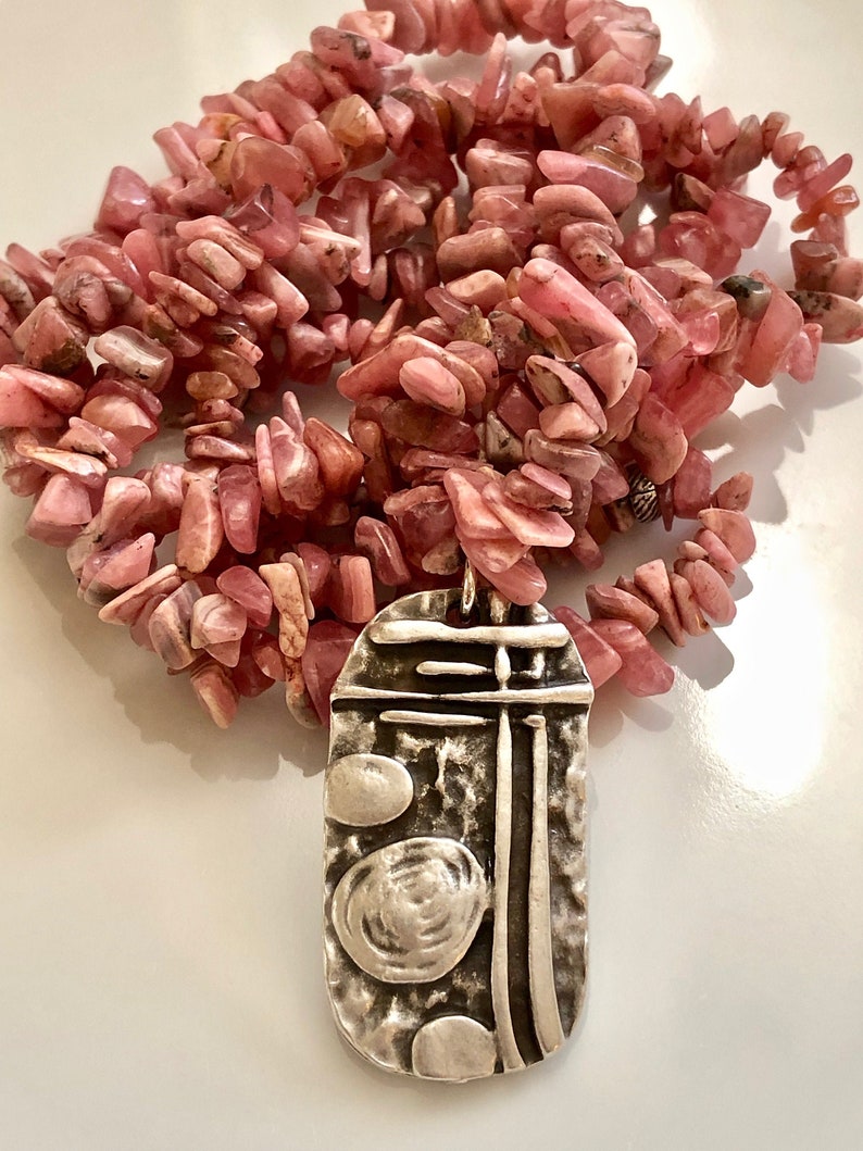 Long Boho Necklace Bohemian Necklace Pink Rhodochrosite Chip Necklace