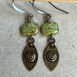 Green Dangle Earrings   Boho Dangle Earrings   Czech Glass Earrings