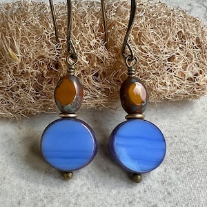 Blue Orange Earrings   Czech Glass Boho Dangle Earrings