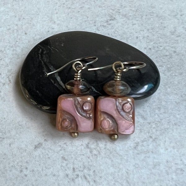 Pink Brown Earrings   Small Boho Dangle Earrings   Square Czech Glass Earrings