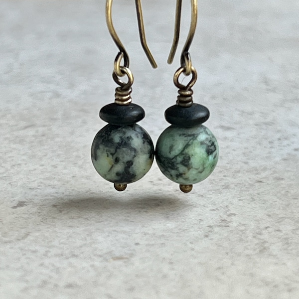 African Turquoise Earrings   Small Gemstone Dangle Earrings   Small Green Black Earrings