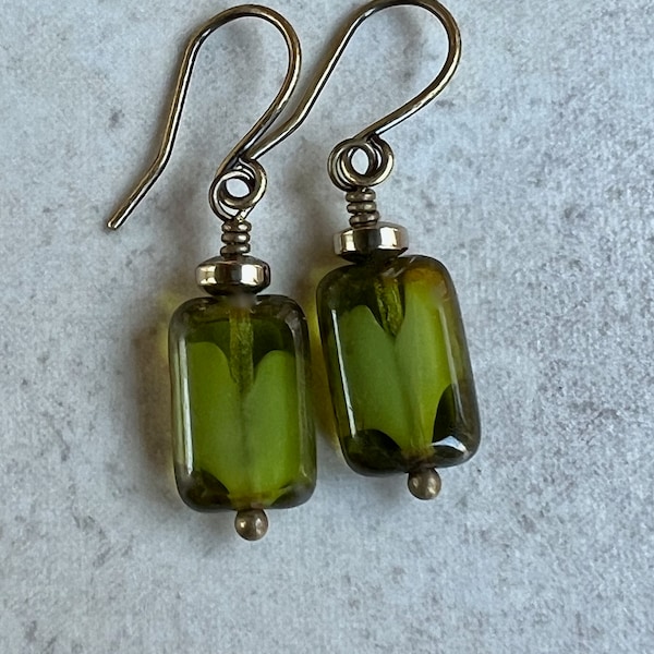 Olive Green Earrings   Small Dangle Earrings   Boho Dangle   Rectangle Czech Glass Earrings