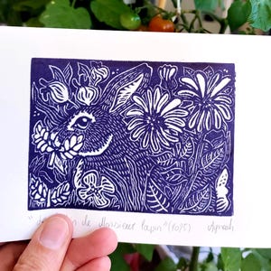 Linocut &quot;Mr. Rabbit&#39;s Feast&quot; wild rabbits format 10X14.5 cm