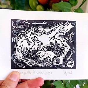 Linocut/stamp&quot; four little rabbits&quot; wild rabbits format 10X14.5 cm