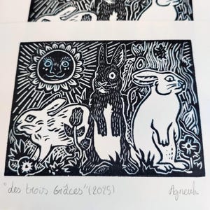 Linocut/stamp &quot;The Three Graces&quot; wild rabbits format 10X14.5 cm