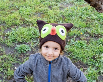 Owl Hat, Brown Polar Fleece Hat with Huge Bird of Night Eyes and Orange Beak, Polar Fleece Hat, Halloween Costume Accessory