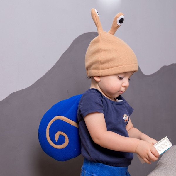 Kinder Jungen Halloween Kostüm, MarineBlau und Beige Schneckenkostüm, Schneckenmuschel und Mütze Cosplay Accessoire, Für Baby Mädchen Jungen