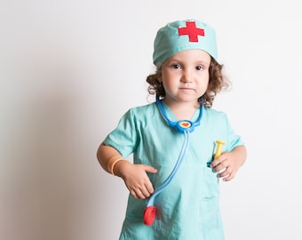 Kids Doctor Halloween Costume, Nurse Hospital Scrubs and Hat, Physician Apron, Surgeon Costume, Mint Blue Lab Coat, Karneval Purim