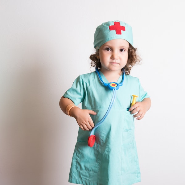 Kids Doctor Halloween Costume, Nurse Hospital Scrubs and Hat, Physician Apron, Surgeon Costume, Mint Blue Lab Coat, Karneval Purim