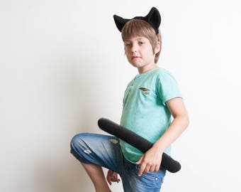 Black Panther Ears Headband and Tail Set, Soft Animal Tail, Dress Up, Black Cat Costume