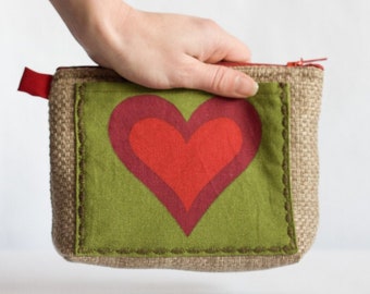 Love me - Burlap Cosmetic Zipper Pouch, Red, Green and Beige Bag, Makeup Organizer Bag, Valentine's Day gift for her