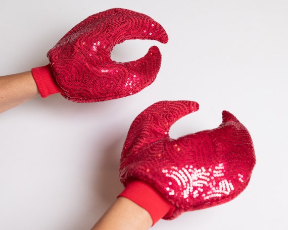 Red Sequin Crab Gloves, Shiny Lobster Costume, Children's or