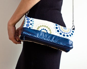 Foldover Clutch, Double sided Geometric Leather Purse, Blue Everyday Purse, Statement Clutch