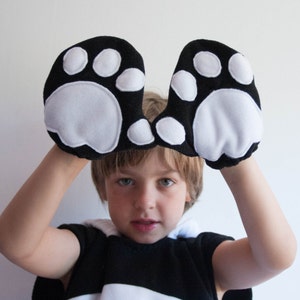 Panda Bear Gloves, Children's or Adult's Photo Prop, Pretend Play, Black and White image 1