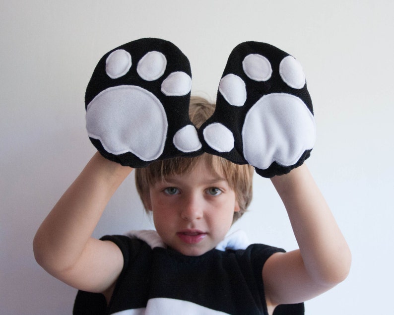 Panda Bear Gloves, Children's or Adult's Photo Prop, Pretend Play, Black and White image 1