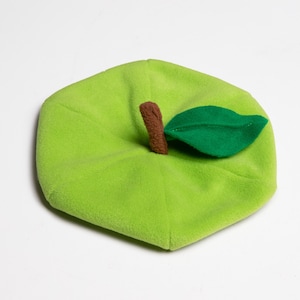 Pode incluir: Um gorro verde em forma de maçã com um caule marrom e uma folha de feltro verde.
