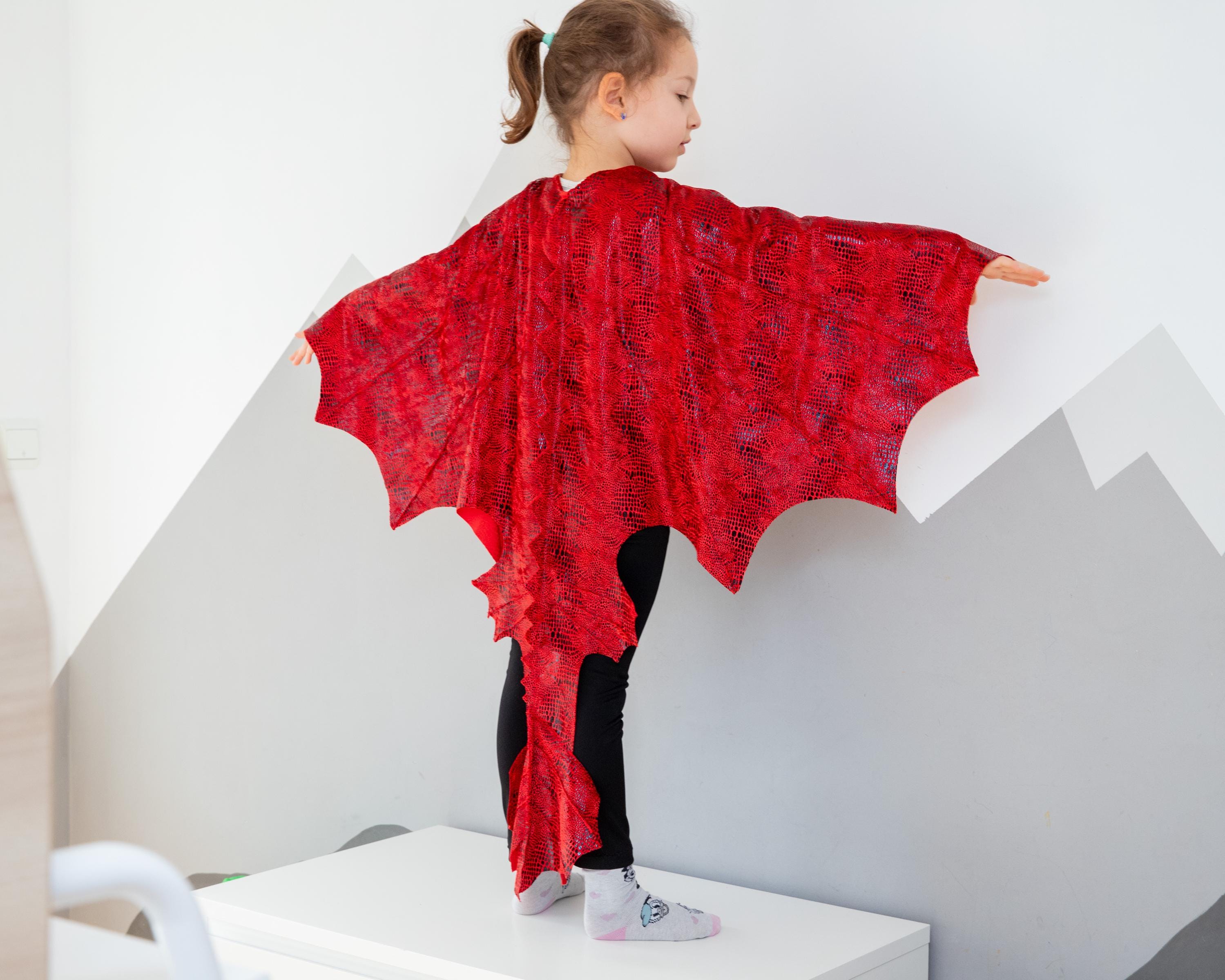 Red Dragon Cape Costume With Black Shiny Scales, Children Costume
