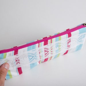 Astuccio per matite, custodia per penna con cerniera a righe colorate, piccola borsa cosmetica, materiale scolastico piccola custodia di cotone, rosa, verde, blu