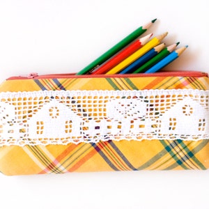 Astuccio portapenne, astuccio con cerniera a quadri gialli, borsa piccola, astuccio piccolo in cotone per materiale scolastico con pizzo